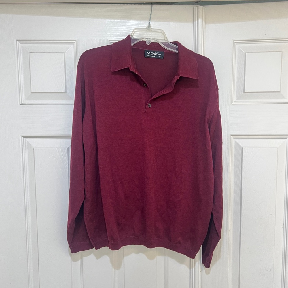 St Croix Polo Shirt Men L Long Sleeve burgundy Red Pullover l USA Classic Golf